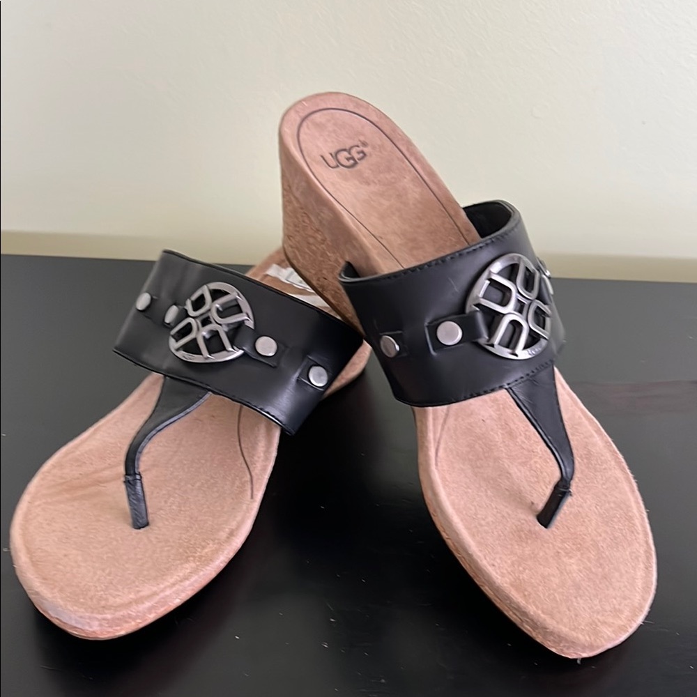 UGG Women's Briella Thong Sandals Cork Wedge Black